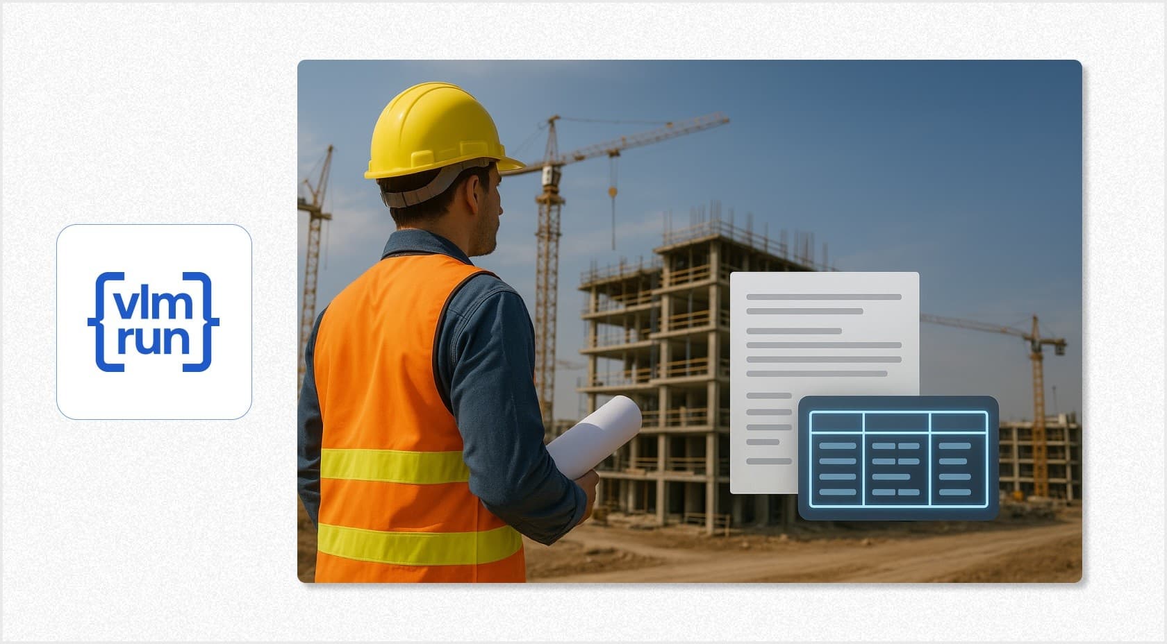 Construction site with overlaid blueprint and structured data