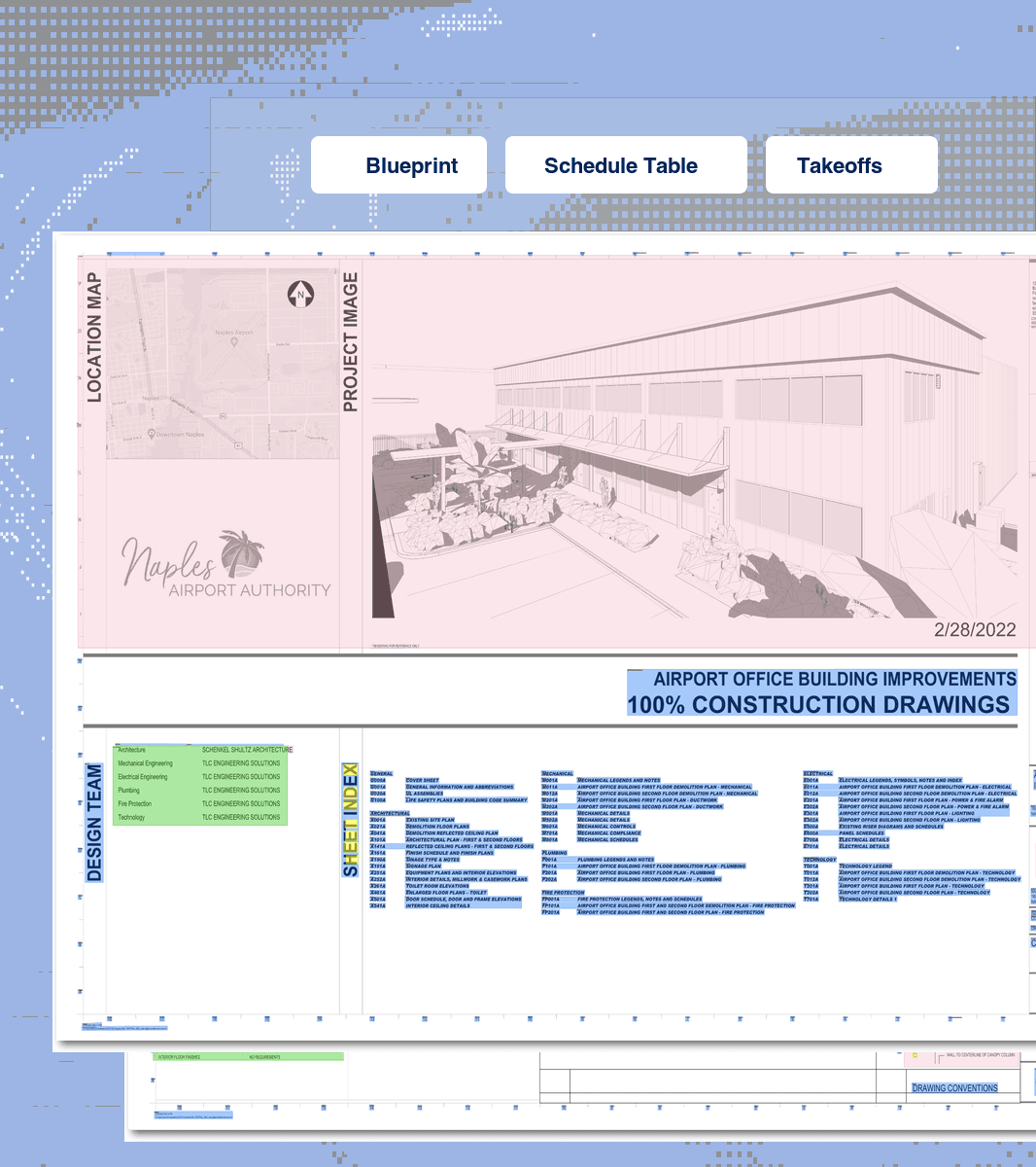 Construction blueprint and schedule table documents with document type tabs