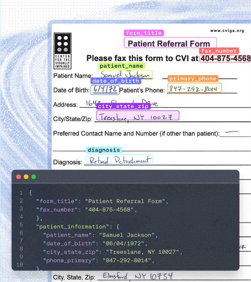 Patient Referral Form with annotated fields and extracted JSON output